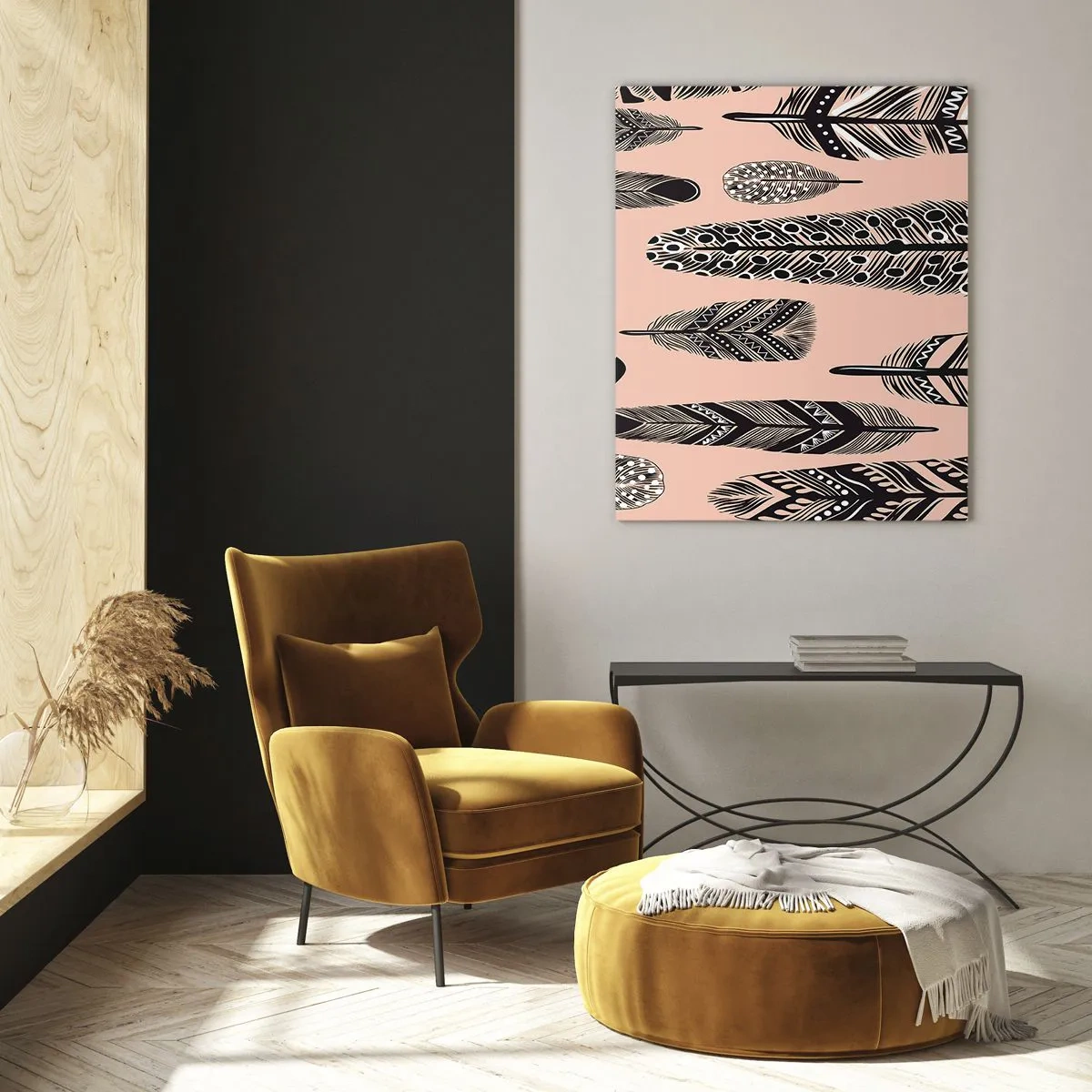 Obraz na szkle - Dekoracyjne pióra na jasnym tle - 80x120cm - Indiańska kolekcja - Nowoczesna dekoracja ścienna do salonu i sypialni ARTTOR