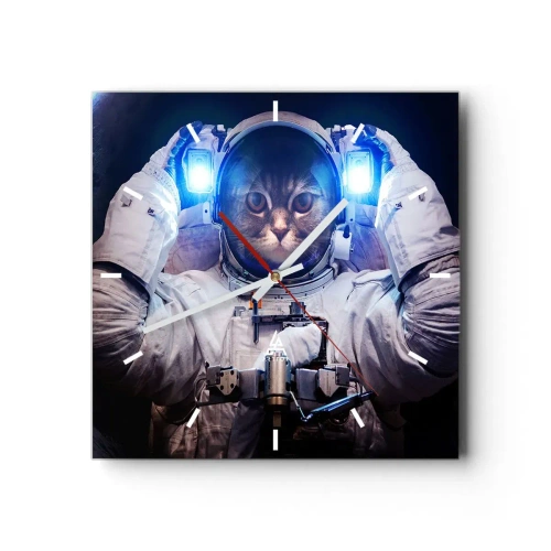 Zegar ścienny - Kot w stroju astronauty z Ziemią w tle i jasnym światłem - 30x30cm - Houston, macie problem - Nowoczesna dekoracja ścienna do salonu i sypialni ARTTOR