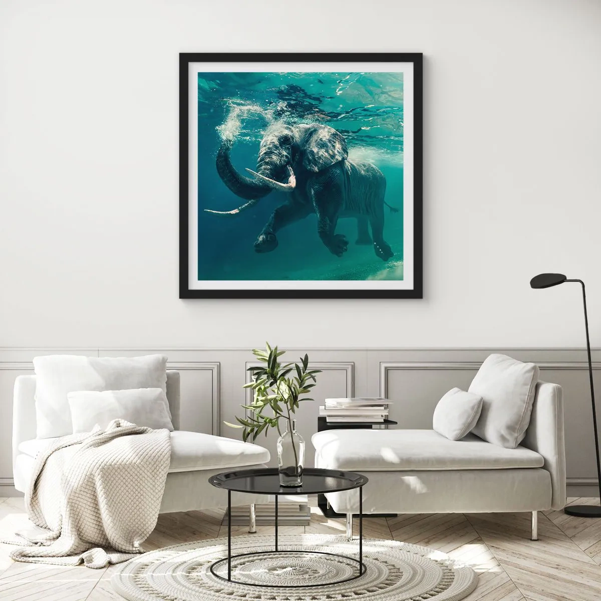 Plakat w czarnej ramie - Wszyscy lubią pływać - 40x40 cm