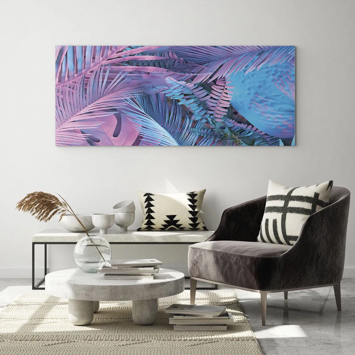 Obraz na szkle - Tropiki w różu i błękicie - 100x40 cm