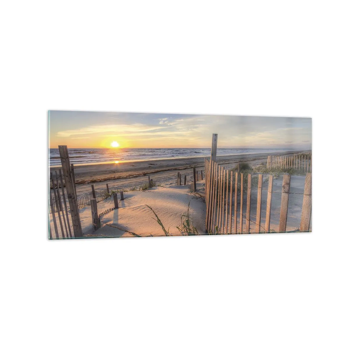 Obraz na szkle - Plaża o zachodzie słońca z drewnianym ogrodzeniem - 120x50cm - Blask i cień wiatru - Nowoczesna dekoracja ścienna do salonu i sypialni ARTTOR