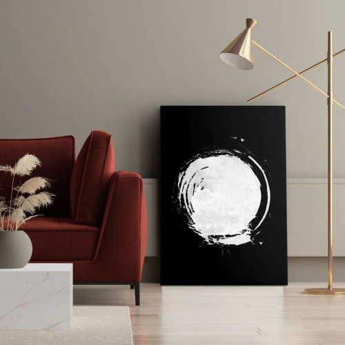 Obraz na płótnie - Biały okrąg na czarnym tle w minimalistycznym stylu - 80x120cm - Dobre wyjście - Nowoczesna dekoracja ścienna do salonu i sypialni ARTTOR