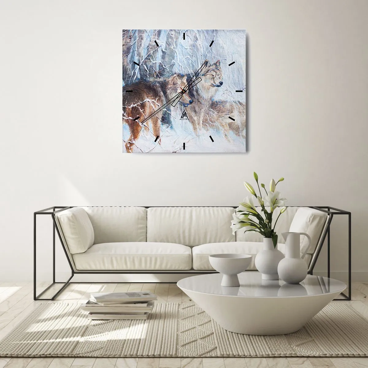 Zegar ścienny - Wilki w zimowym lesie na tle śnieżnej scenerii - 30x30cm - Uwaga! Nadchodzi… - Nowoczesna dekoracja ścienna do salonu i sypialni ARTTOR
