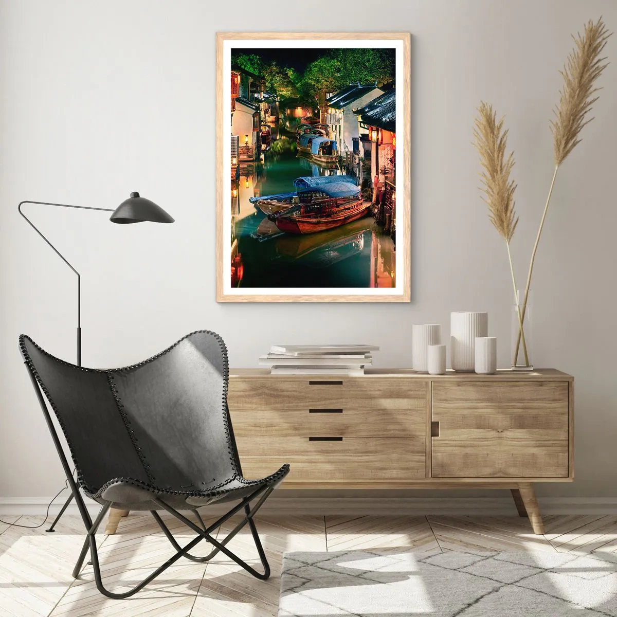 Plakat w ramie jasny dąb - Wieczór na chińskiej ulicy - 40x50 cm