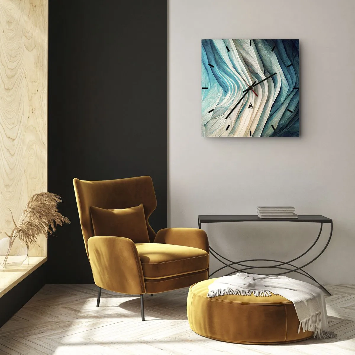 Zegar ścienny - Dynamiczne fale w odcieniach błękitu i bieli - 30x30cm - Błękitne nienasycenie - Nowoczesna dekoracja ścienna do salonu i sypialni ARTTOR