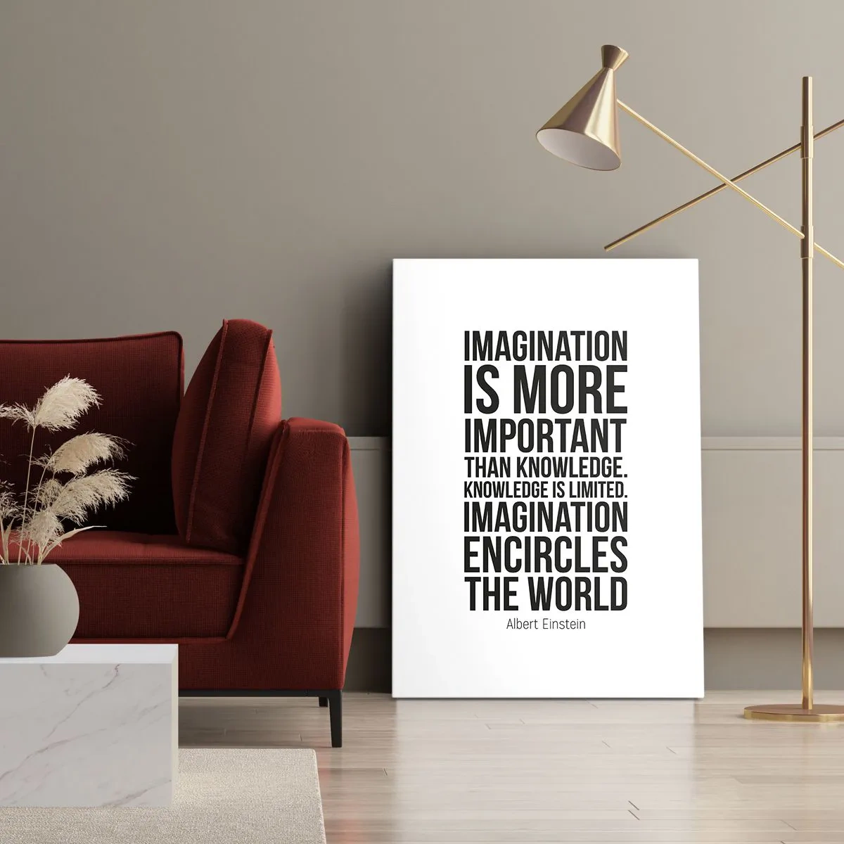 Obraz na płótnie - Cytat Alberta Einsteina o wyobraźni w czarno-białej typografii - 50x70cm - Einstein o mocy wyobraźni - Nowoczesna dekoracja ścienna do salonu, kuchni i sypialni ARTTOR
