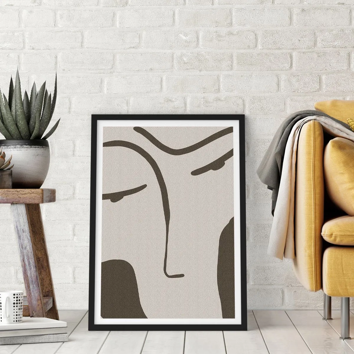 Plakat w czarnej ramie - Minimalistyczny portret twarzy - 50x70cm - Jak z obrazu Modiglianiego - Nowoczesna dekoracja ścienna do salonu i sypialni ARTTOR