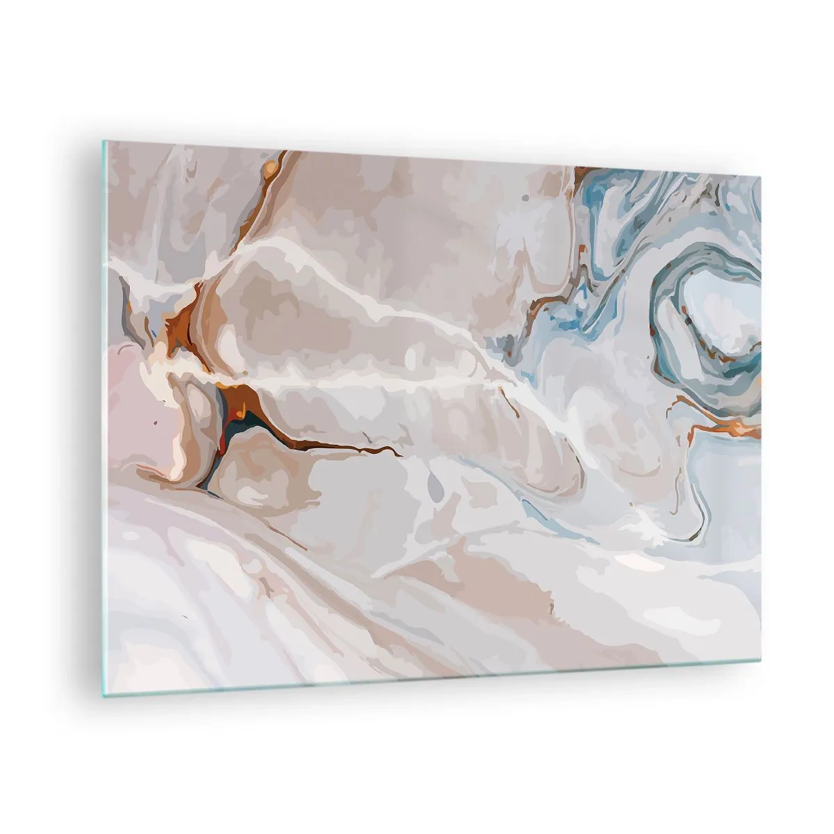 Obraz na szkle - Artystyczny wzór w neutralnych tonach z akcentami błękitu - 70x50cm - Błękitne meandry pod bielą - Nowoczesna dekoracja ścienna do salonu i sypialni ARTTOR