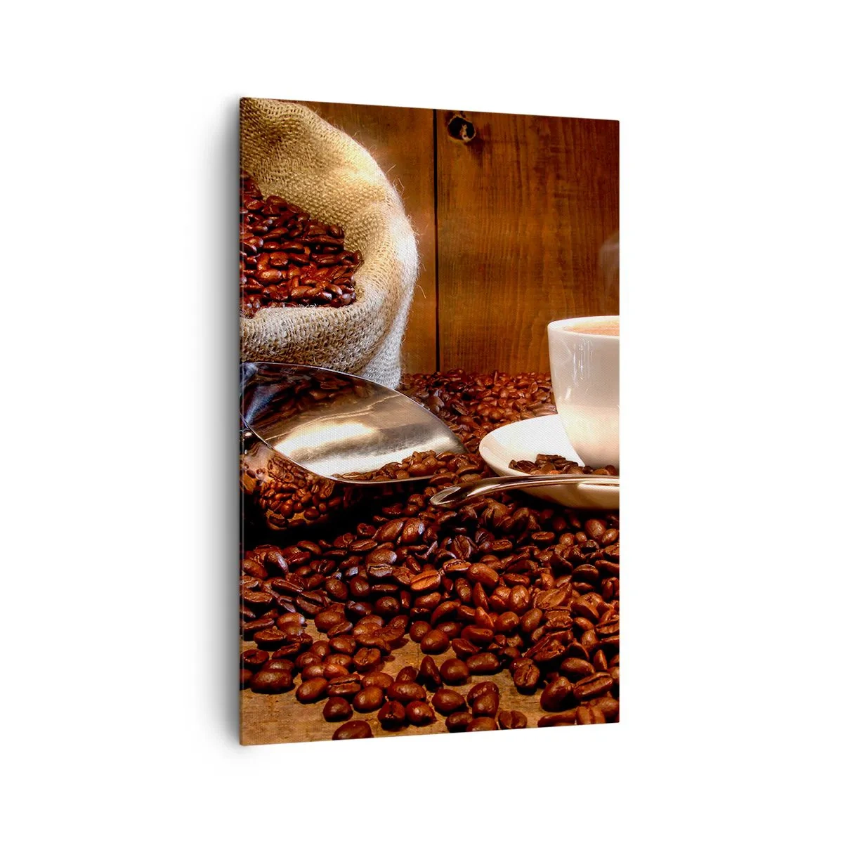 Obraz na płótnie - Filiżanka kawy na tle ziaren kawowych i worka zbożowego - 80x120cm - Czujesz ten zapach? - Nowoczesna dekoracja ścienna do salonu i sypialni ARTTOR