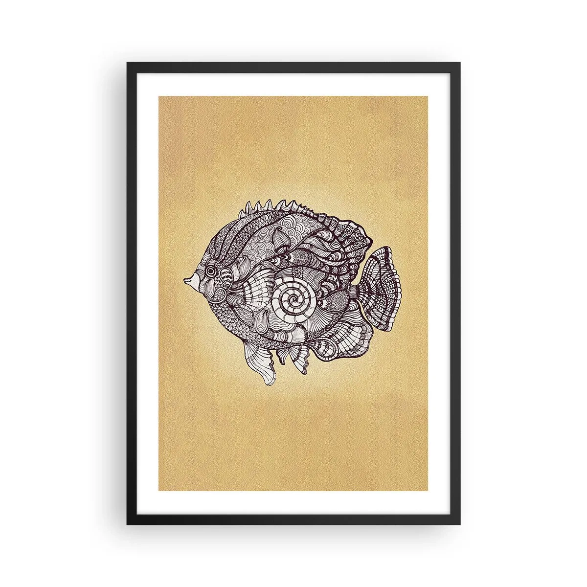 Plakat w czarnej ramie - Artystyczna ryba w stylu mandali na beżowym tle - 50x70cm - Z oceanu ornamentów - Nowoczesna dekoracja ścienna do salonu i sypialni ARTTOR