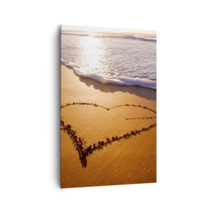 Obraz na płótnie - Serce z piasku na plaży podczas zachodu słońca - 80x120cm - Wakacyjne wyznanie - Nowoczesna dekoracja ścienna do salonu i sypialni ARTTOR