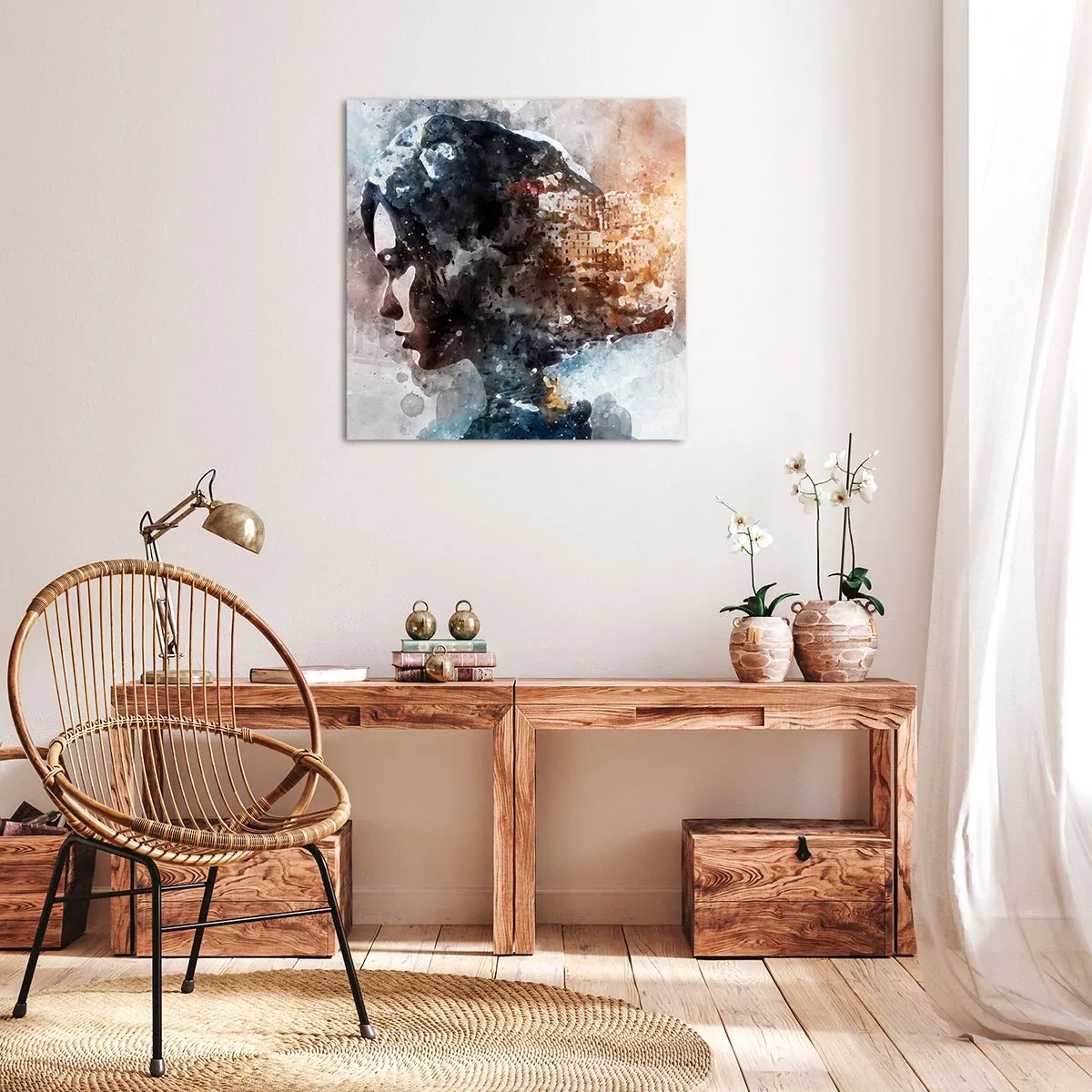 Obraz na płótnie - Opowieść o dziewczynie z miastem w tle - 70x70 cm