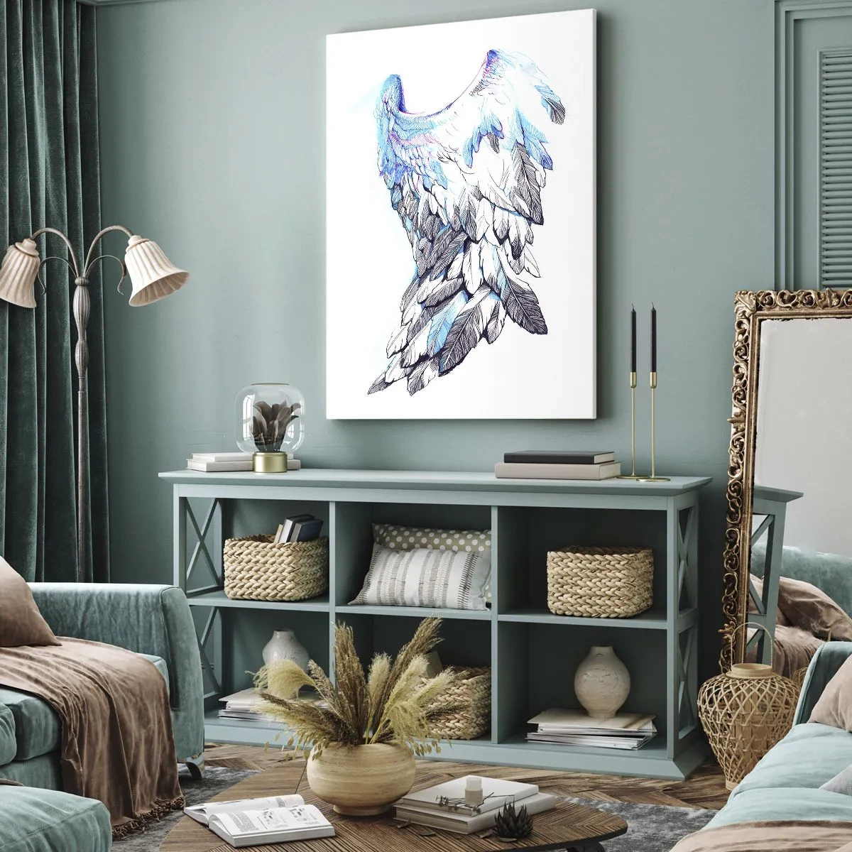 Obraz na płótnie - Delikatne anielskie skrzydła w pastelowych odcieniach - 80x120cm - Trzeba mi skrzydeł - Nowoczesna dekoracja ścienna do salonu i sypialni ARTTOR