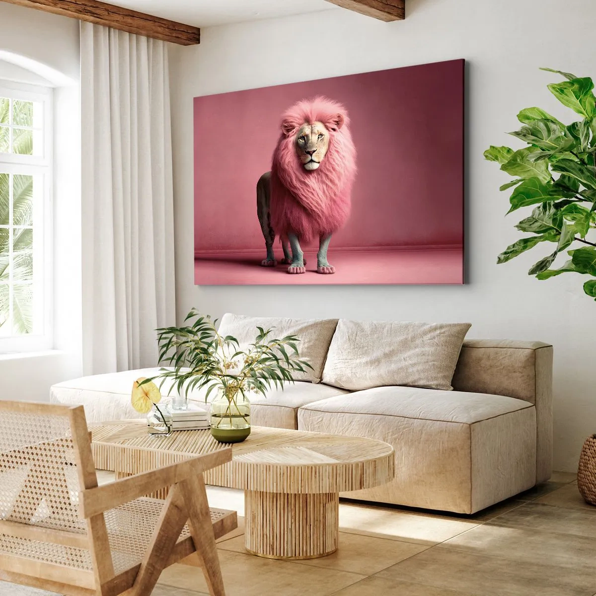 Obraz na płótnie - Lew z różową grzywą na różowym tle w artystycznym ujęciu - 120x80cm - I już się nie boisz - Nowoczesna dekoracja ścienna do salonu, kuchni i sypialni ARTTOR
