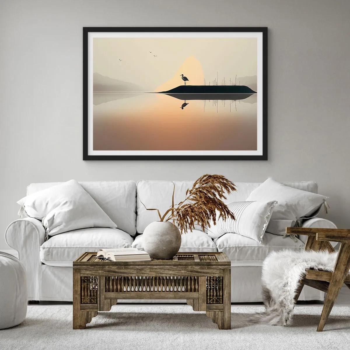 Plakat w czarnej ramie - Ptak na wyspie w spokojnym jeziorze o ciepłych odcieniach - 70x50cm - Pan na jeziorze - Nowoczesna dekoracja ścienna do salonu i sypialni ARTTOR