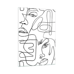 Obraz na szkle - Czarno-biała grafika twarzy w stylu line art - 50x70cm - W splątanych emocjach - Nowoczesna dekoracja ścienna do salonu, kuchni i sypialni ARTTOR