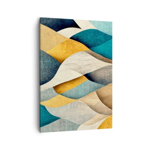 Obraz na płótnie - Abstrakcyjne fale w odcieniach złota, beżu i turkusu - 50x70cm - Rytm i falowanie - Nowoczesna dekoracja ścienna do salonu, kuchni i sypialni ARTTOR