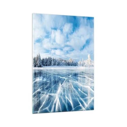 Obraz na szkle - Zamarznięte jezioro otoczone zaśnieżonym lasem - 80x120cm - Olśniewający i krystaliczny widok - Nowoczesna dekoracja ścienna do salonu i sypialni ARTTOR