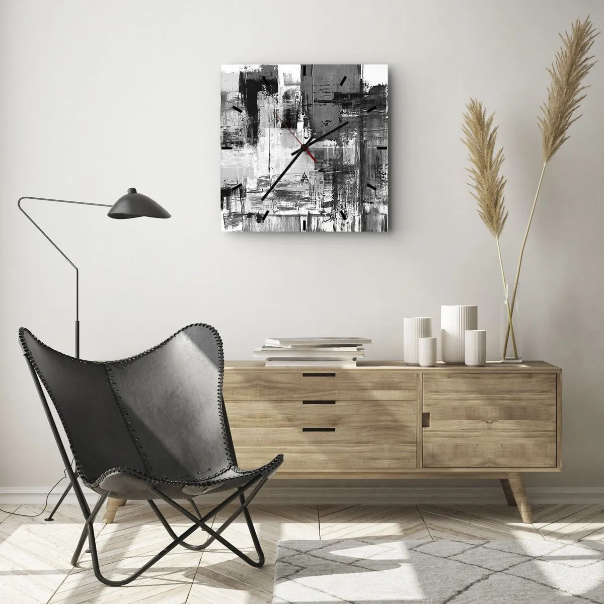 Zegar ścienny - Abstrakcyjna kompozycja w czerni, bieli i szarościach - 30x30cm - Szare jest piękne - Nowoczesna dekoracja ścienna do salonu i sypialni ARTTOR