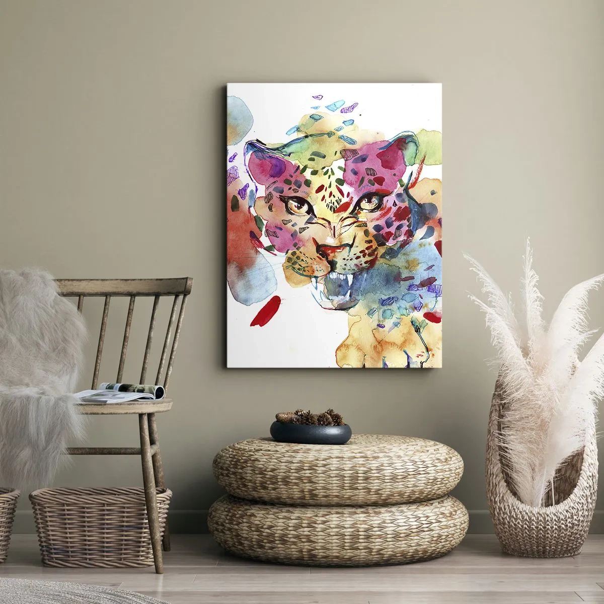 Obraz na płótnie - Kolorowy portret pantery w stylu akwarelowym pełen ekspresji - 50x70cm - Piękna i bestia - Nowoczesna dekoracja ścienna do salonu, kuchni i sypialni ARTTOR