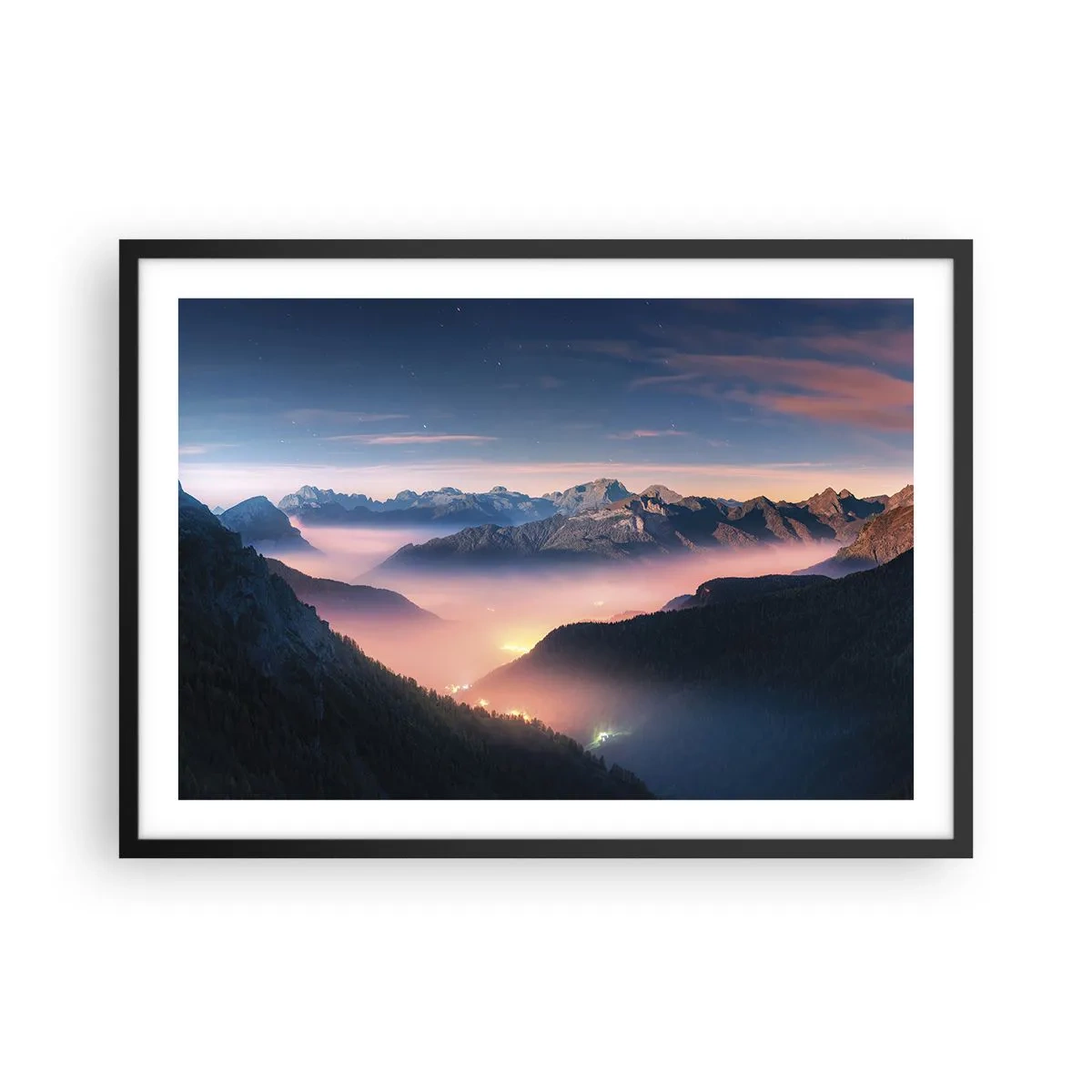Plakat w czarnej ramie - Górski krajobraz z doliną wypełnioną mgłą - 70x50cm - Światło w dolinach - Nowoczesna dekoracja ścienna do salonu i sypialni ARTTOR