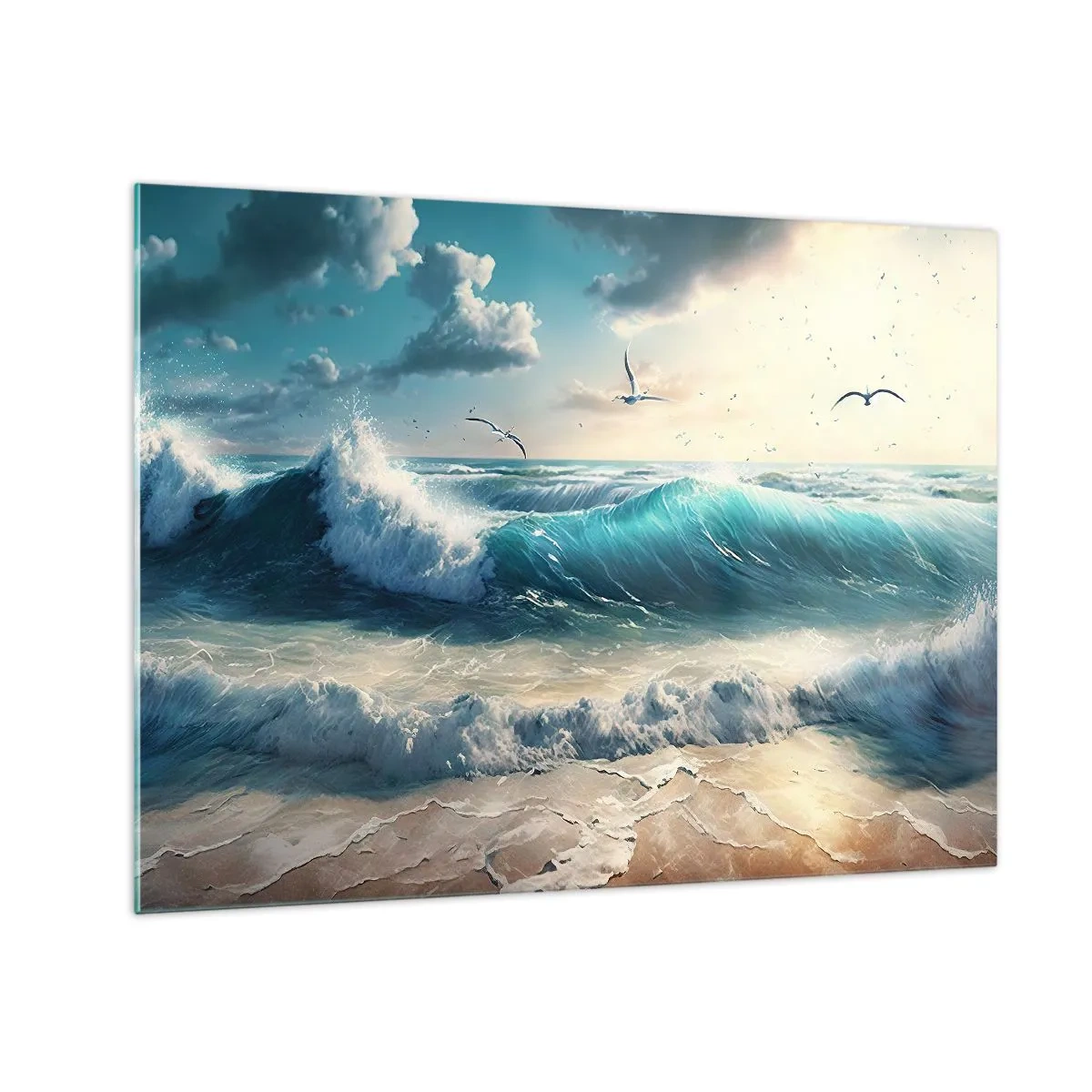 Obraz na szkle - Fale rozbijające się o brzeg przy świetle poranka - 70x50cm - Szumi tylko dla ciebie - Nowoczesna dekoracja ścienna do salonu i sypialni ARTTOR
