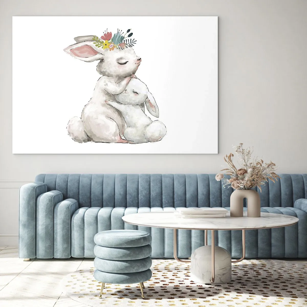 Obraz na szkle - Dwa przytulające się króliki w pastelowych kolorach - 100x70cm - Nie ma jak u mamy - Nowoczesna dekoracja ścienna do salonu, kuchni i sypialni ARTTOR