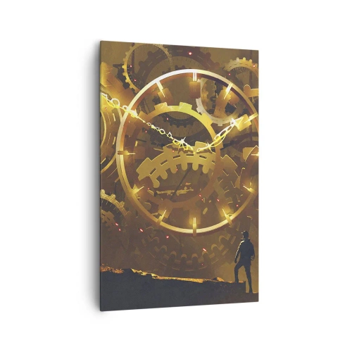 Obraz na płótnie - Złote zębate koła w surrealistycznej scenerii z postacią - 80x120cm - U źródeł czasu - Nowoczesna dekoracja ścienna do salonu i sypialni ARTTOR