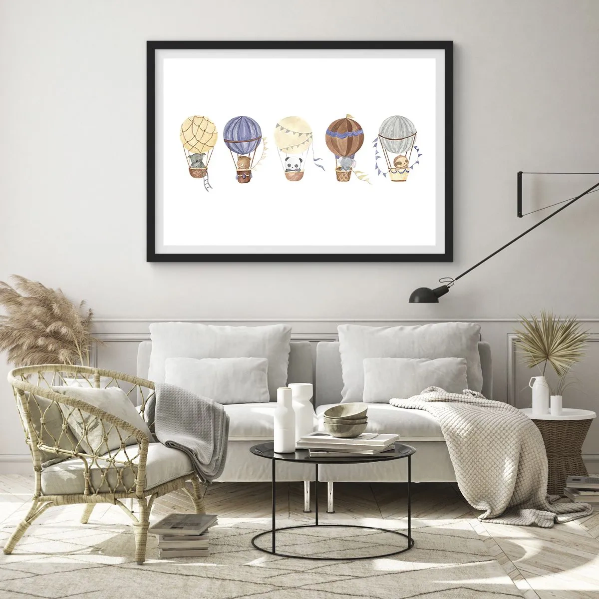 Plakat w czarnej ramie - Urocze zwierzęta w balonach na białym tle - 70x50cm - Przyjaciele w podróży - Nowoczesna dekoracja ścienna do salonu i sypialni ARTTOR