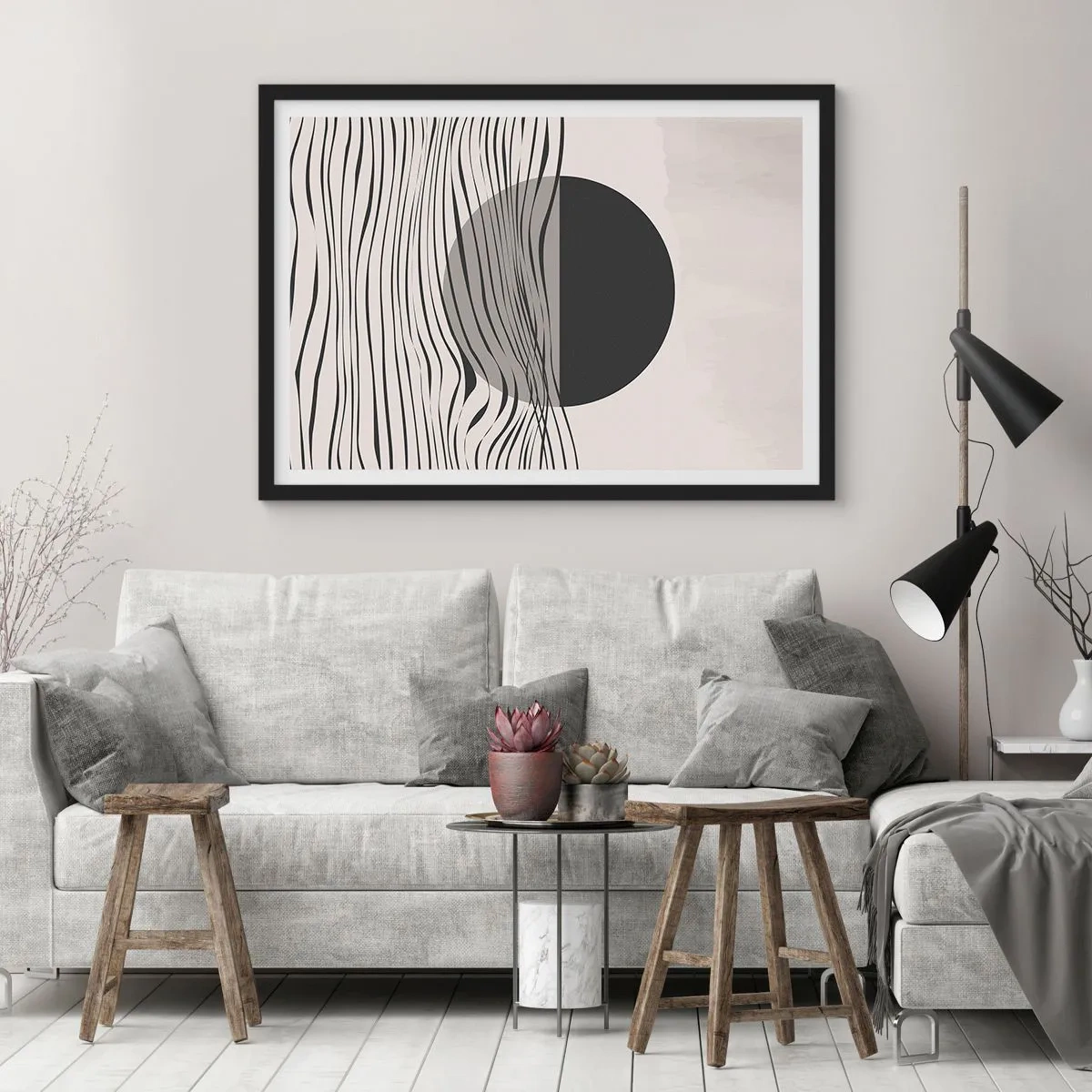 Plakat w czarnej ramie - Abstrakcyjne linie i geometryczne kształty w stonowanych barwach - 100x70cm - Kompozycja połowiczna - Nowoczesna dekoracja ścienna do salonu i sypialni ARTTOR