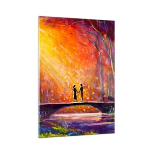 Obraz na szkle - Para na moście w świetle zachodzącego słońca otoczona drzewami - 50x70cm - Niebo ich też kocha - Nowoczesna dekoracja ścienna do salonu, kuchni i sypialni ARTTOR