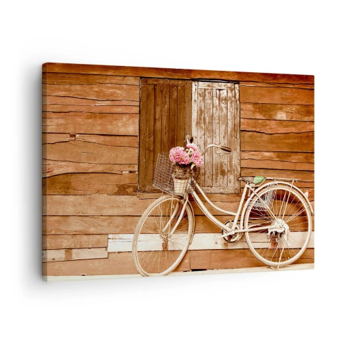 Obraz na płótnie - Rower z koszem pełnym róż na tle drewnianej ściany - 70x50cm - Zaraz wracam - Nowoczesna dekoracja ścienna do salonu i sypialni ARTTOR