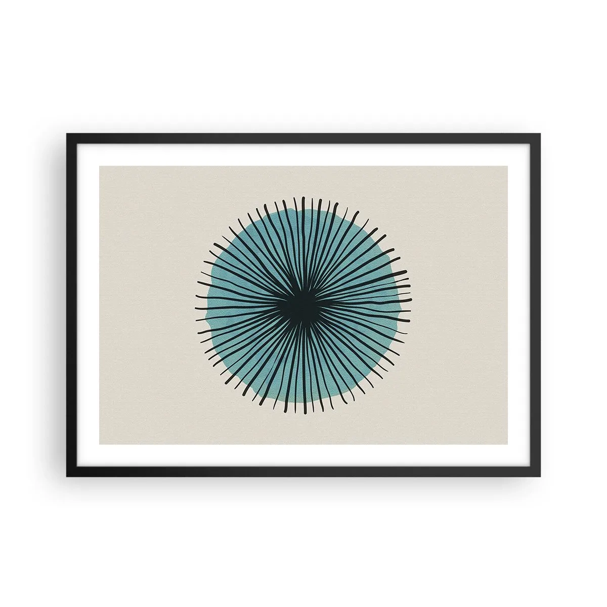 Plakat w czarnej ramie - Abstrakcyjna forma w kształcie koła z promieniami w błękitach - 70x50cm - Promieniście na błękicie - Nowoczesna dekoracja ścienna do salonu i sypialni ARTTOR