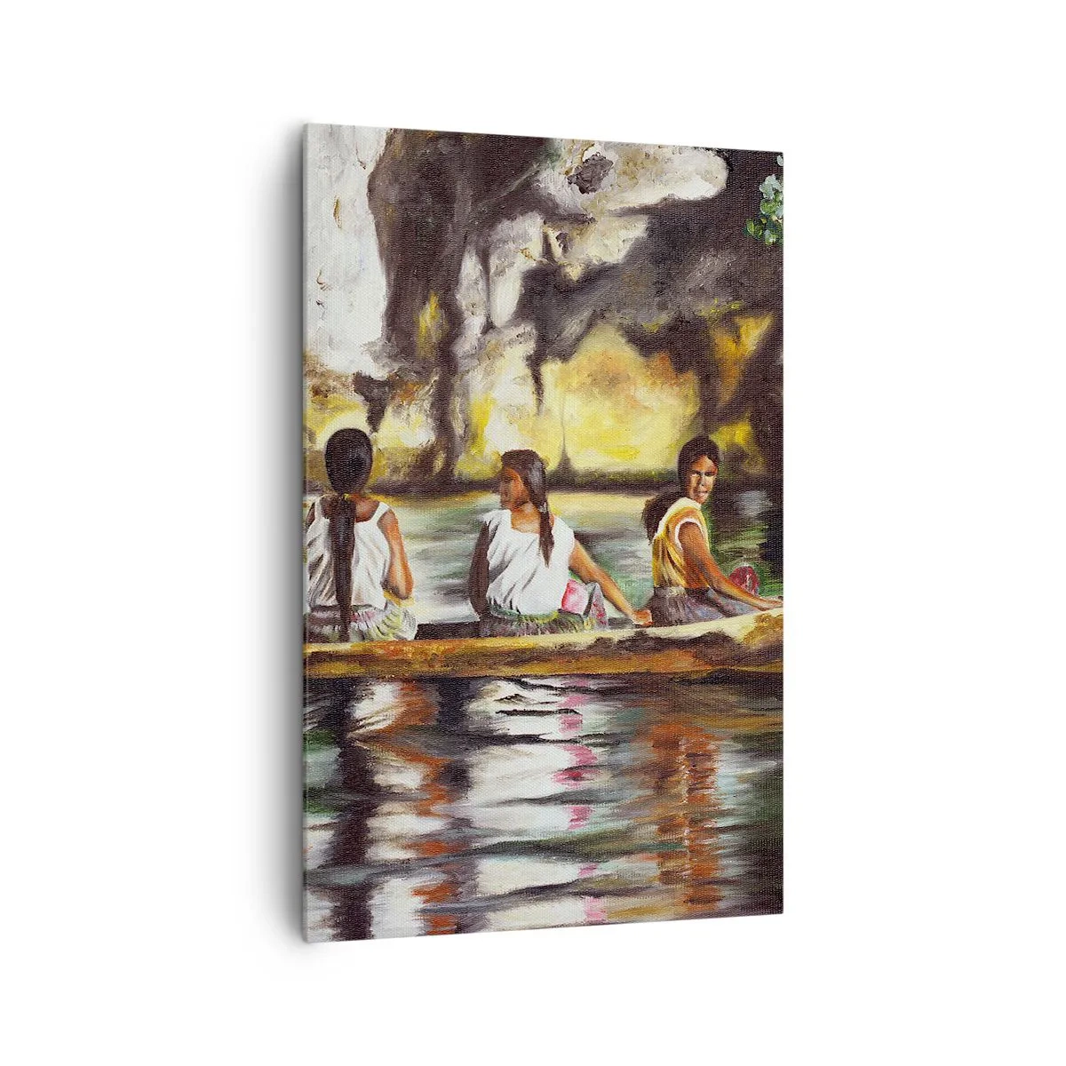 Obraz na płótnie - Kobiety w łodzi na spokojnej rzece z malowniczym tłem - 80x120cm - W polinezyjskim raju - Nowoczesna dekoracja ścienna do salonu i sypialni ARTTOR