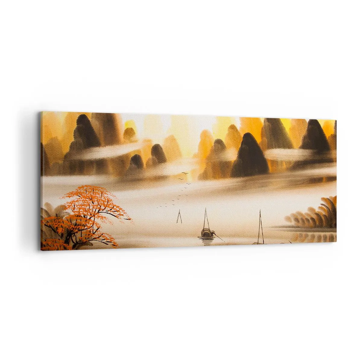 Obraz na płótnie - Orientalny krajobraz z rzeką, górami i delikatną mgłą - 120x50cm - Dalej niż na Dalekim Wschodzie - Nowoczesna dekoracja ścienna do salonu i sypialni ARTTOR