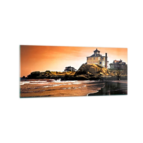 Obraz na szkle - Dom na skale przy plaży o zachodzie słońca z odbiciem w wodzie - 120x50cm - Elegancja zachodniego wybrzeża - Nowoczesna dekoracja ścienna do salonu i sypialni ARTTOR