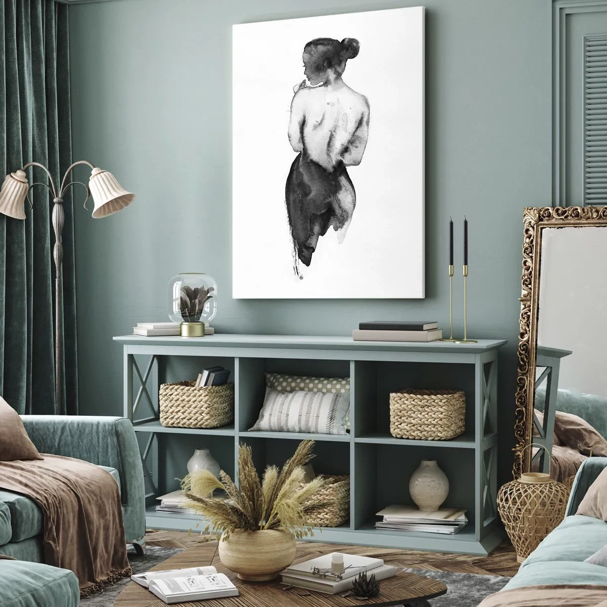 Obraz na płótnie - Sylwetka kobiety w stylu akwarelowym w odcieniach czerni i bieli - 50x70cm - Przy niej świat znika - Nowoczesna dekoracja ścienna do salonu, kuchni i sypialni ARTTOR