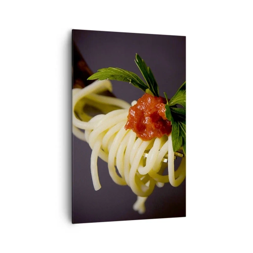 Obraz na płótnie - Makaron spaghetti na widelcu z sosem pomidorowym i natką pietruszki - 80x120cm - Smakowity kęs - Nowoczesna dekoracja ścienna do salonu i sypialni ARTTOR