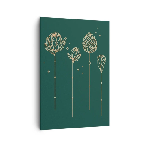 Obraz na płótnie - Złote rysunki ziół na tle ciemnozielonym - 70x100cm - Rodzina ZIÓŁkowskich - Nowoczesna dekoracja ścienna do salonu i sypialni ARTTOR