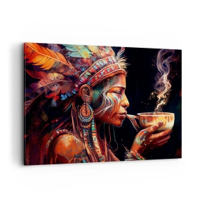 Obraz na płótnie - Kolorowa postać w stylu etnicznym z filiżanką parującego napoju - 100x70cm - Magiczny rytuał - Nowoczesna dekoracja ścienna do salonu, kuchni i sypialni ARTTOR