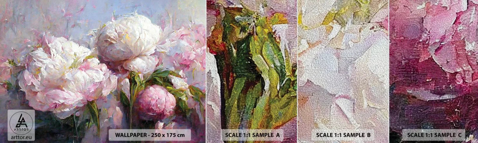 Fototapeta Próbka Premium Sand - Kipiący życiem bukiet - Kwiaty, Piwonie, Klasycyzm - 100x30 cm