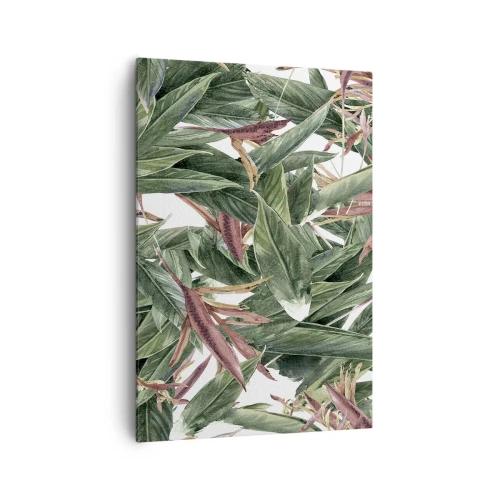 Obraz na płótnie - Dekoracyjny motyw liści w odcieniach zieleni i bordo na jasnym tle - 70x100cm - Szmaragdowo-liliowy gąszcz - Nowoczesna dekoracja ścienna do salonu i sypialni ARTTOR