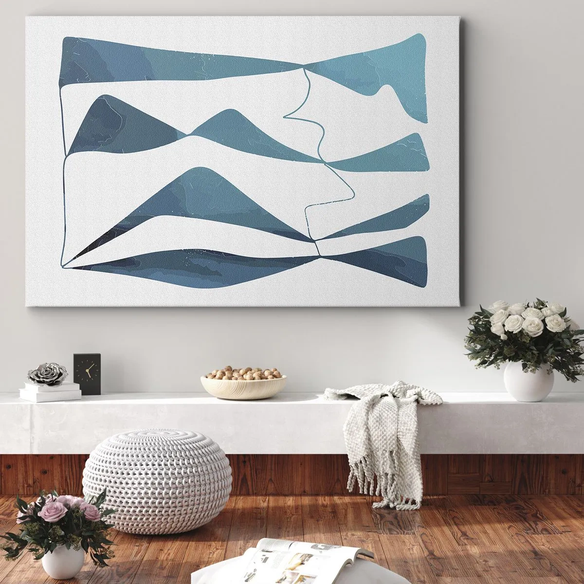 Obraz na płótnie - Abstrakcyjne kształty w odcieniach błękitu na białym tle - 70x50cm - Abstrakcja: turkusowy związek - Nowoczesna dekoracja ścienna do salonu i sypialni ARTTOR