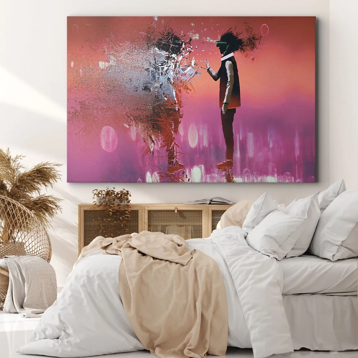 Obraz na płótnie - Abstrakcyjna scena z futurystyczną postacią i rozpraszającymi się elementami - 70x50cm - Czy można wejrzeć w siebie? - Nowoczesna dekoracja ścienna do salonu i sypialni ARTTOR
