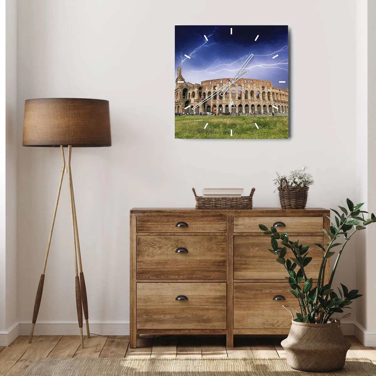 Zegar ścienny - Koloseum w Rzymie oświetlone błyskawicami - 30x30cm - Arena walki - Nowoczesna dekoracja ścienna do salonu i sypialni ARTTOR