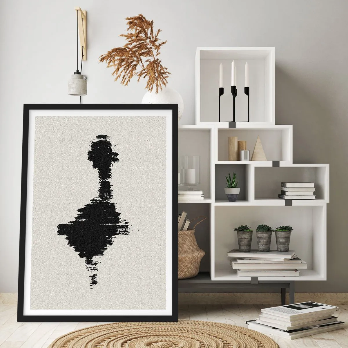 Plakat w czarnej ramie - Minimalistyczna abstrakcja w czerni i bieli - 50x70cm - Drgania wyobraźni - Nowoczesna dekoracja ścienna do salonu i sypialni ARTTOR