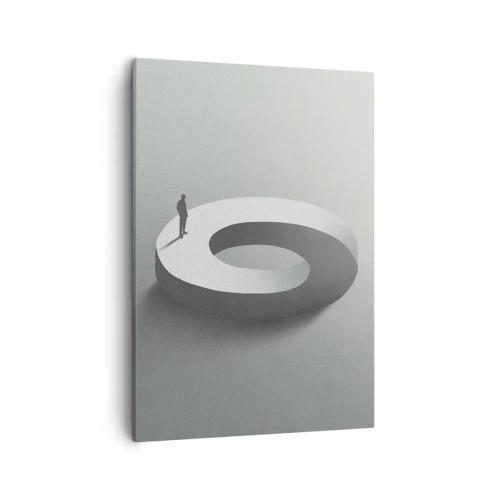 Obraz na płótnie - Minimalistyczna ilustracja postaci na abstrakcyjnej bryle - 50x70cm - I bądź tu mądry - Nowoczesna dekoracja ścienna do salonu, kuchni i sypialni ARTTOR