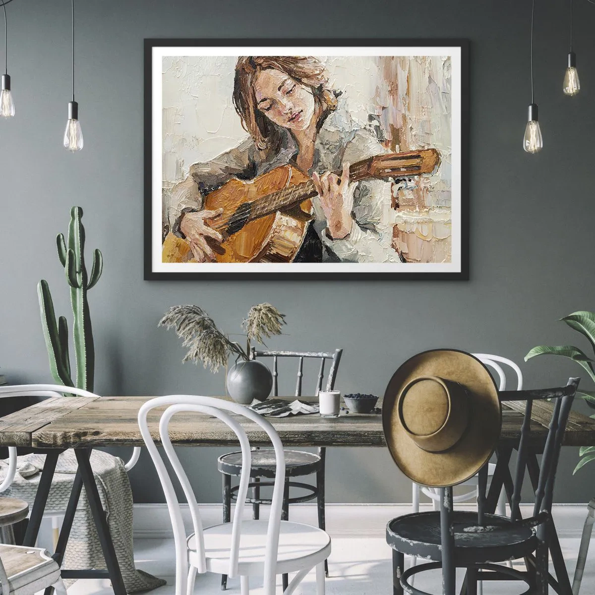 Plakat w czarnej ramie - Portret dziewczyny grającej na gitarze w malarskim stylu z ciepłymi barwami - 70x50cm - Koncert na gitarę i dziewczęce serce - Nowoczesna dekoracja ścienna do salonu i sypialni ARTTOR