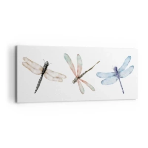 Obraz na płótnie - Trzy ważki w delikatnych pastelowych barwach - 120x50cm - Ważki nieważkie - Nowoczesna dekoracja ścienna do salonu i sypialni ARTTOR