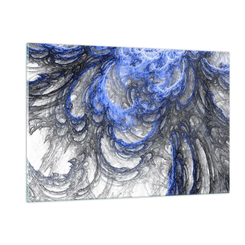 Obraz na szkle - Dynamiczna abstrakcja w odcieniach niebieskiego i szarości - 120x80cm - Narodziny fali - Nowoczesna dekoracja ścienna do salonu, kuchni i sypialni ARTTOR